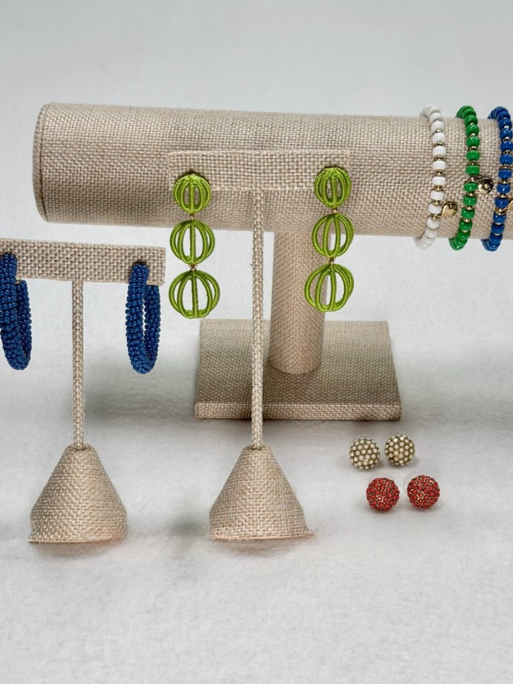 J.Crew Beaded Gold Bracelet Set + Statement Earrings Blue Green White Pink Lot
